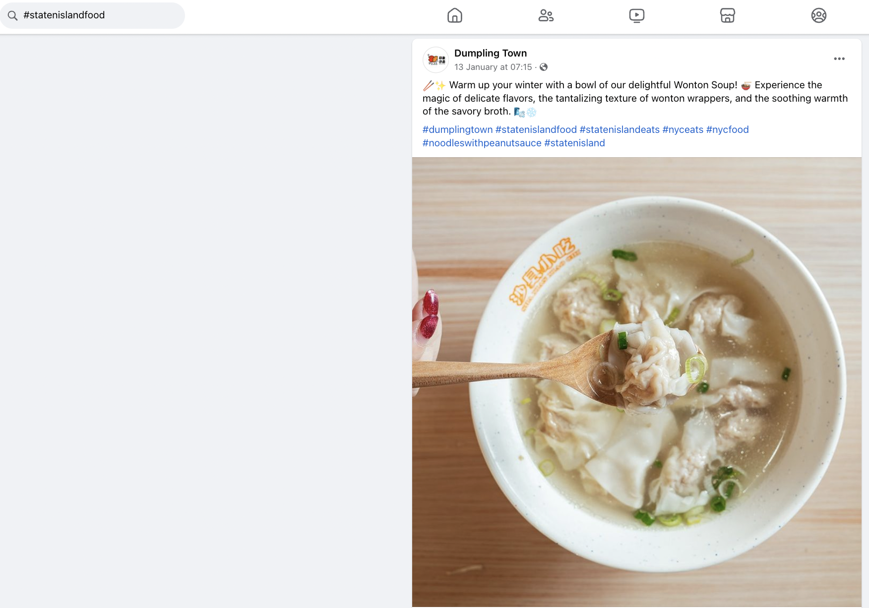 Hasil Facebook untuk hashtag #statenislandfood menampilkan postingan dari Dumpling Town tentang semangkuk pangsit pekat dan keterangan yang menyertakan hashtag tersebut