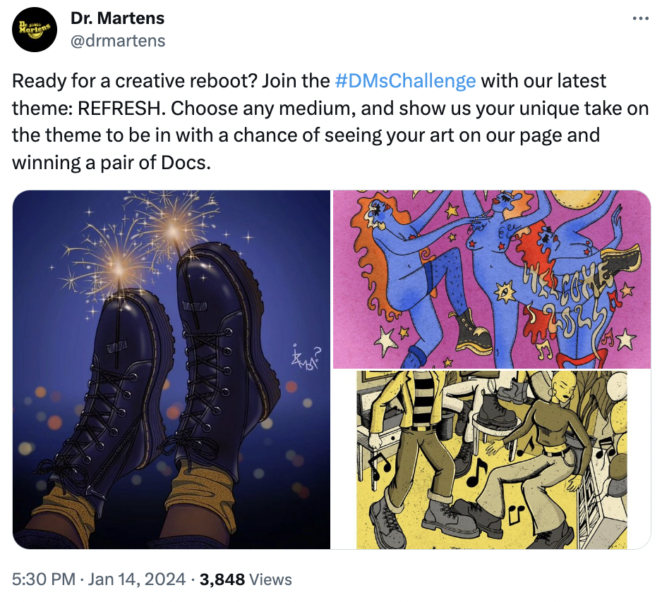 X postingan Dr Martens yang menunjukkan tiga karya seni berbeda dari sepatu tersebut dan meminta orang untuk membagikan desainnya menggunakan tagar #DMsChallenge