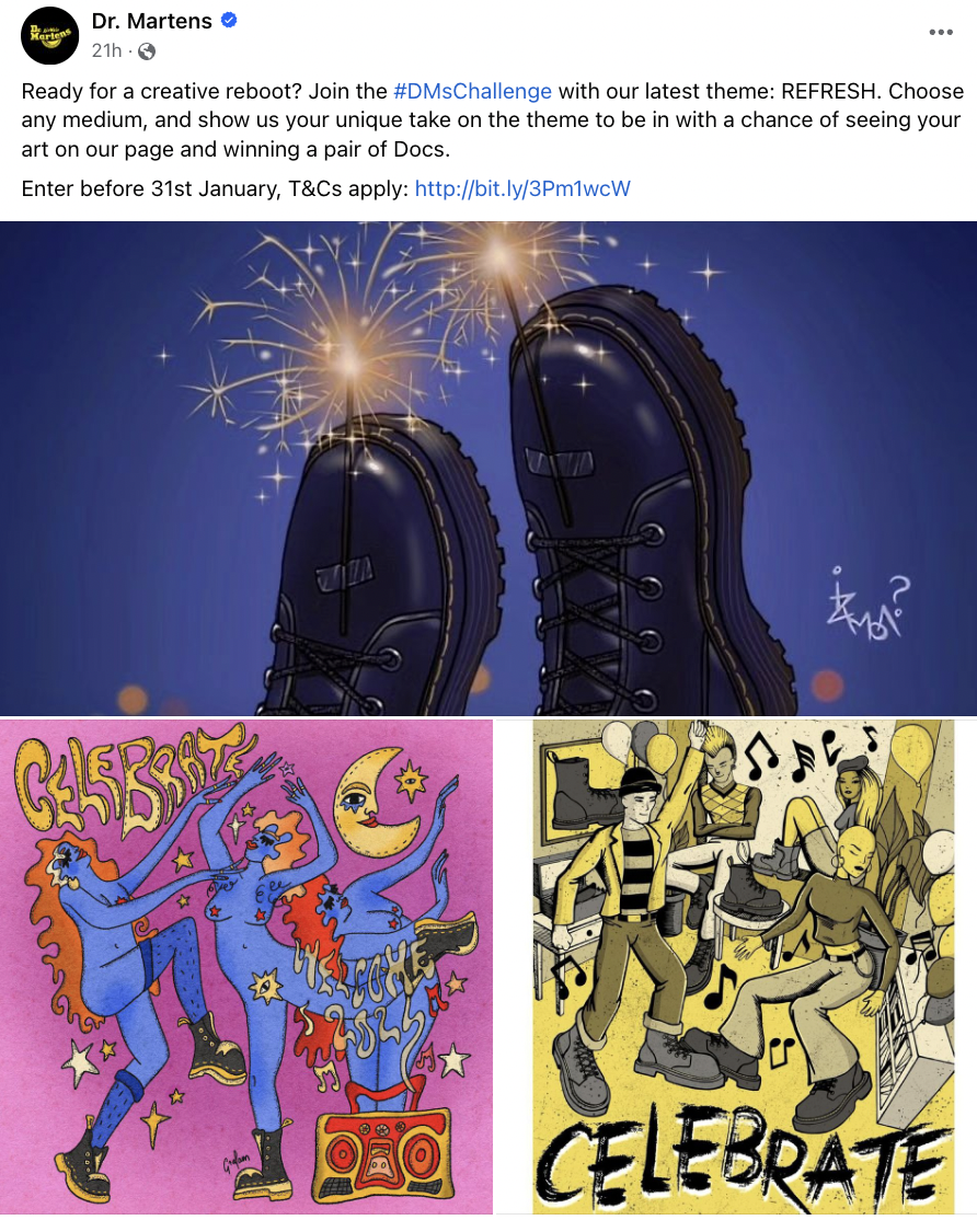 Postingan Facebook Dr Martens menunjukkan tiga karya seni berbeda dari sepatu tersebut dan meminta orang untuk membagikan desain mereka menggunakan tagar #DMsChallenge