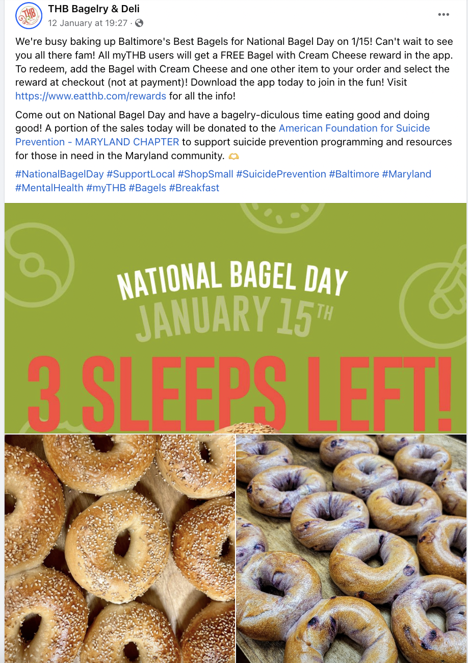 Postingan Facebook dari The Bagelry & Deli menunjukkan dua batch bagel dan hitungan mundur menuju hari bagel nasional pada tanggal 15 Januari dengan caption yang menyertakan hashtag #NationalBagelDay