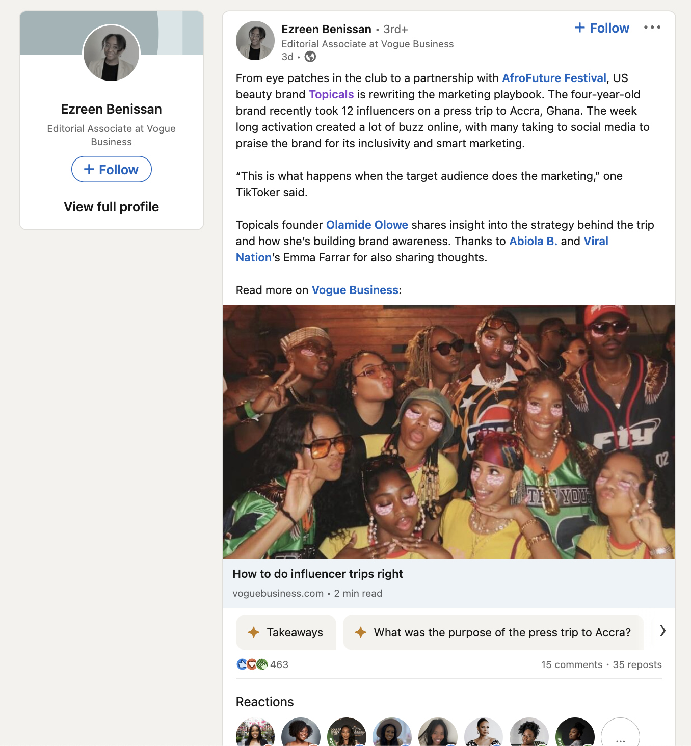 Postare pe LinkedIn de la Vogue Business, cu un articol care evidențiază Topicals ca un bun exemplu de marketing de influență.
