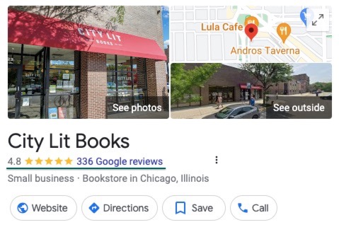 ภาพหน้าจอของตัวอย่างสถานที่ของ Google สำหรับ City Lit Books ร้านค้าได้รับคะแนน 4.8 ดาว