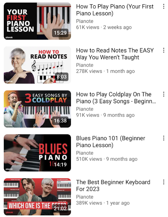 przykład SEO YouTube z kanału Pianote na YouTube