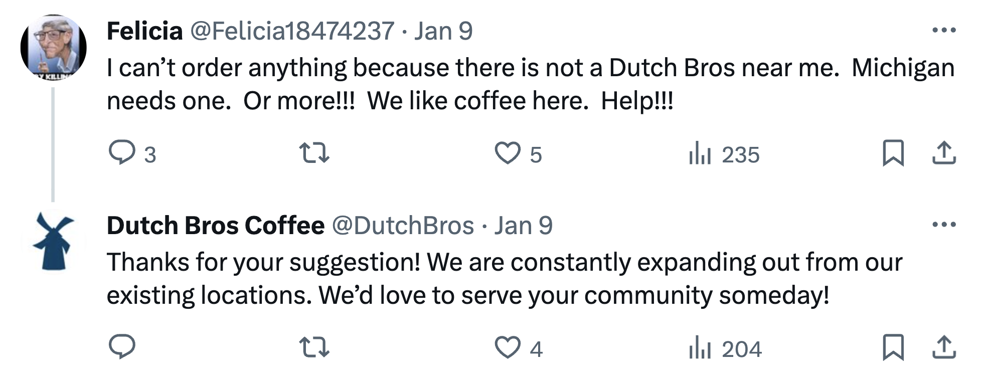 โพสต์บน X จาก Dutch Bros Coffee ตอบกลับลูกค้าที่ขอสถานที่