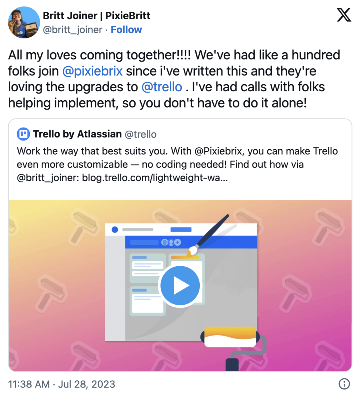 โพสต์เกี่ยวกับ X จาก Brittany Joiner โปรโมตการทำงานร่วมกันผ่านเว็บของเธอกับ Trello