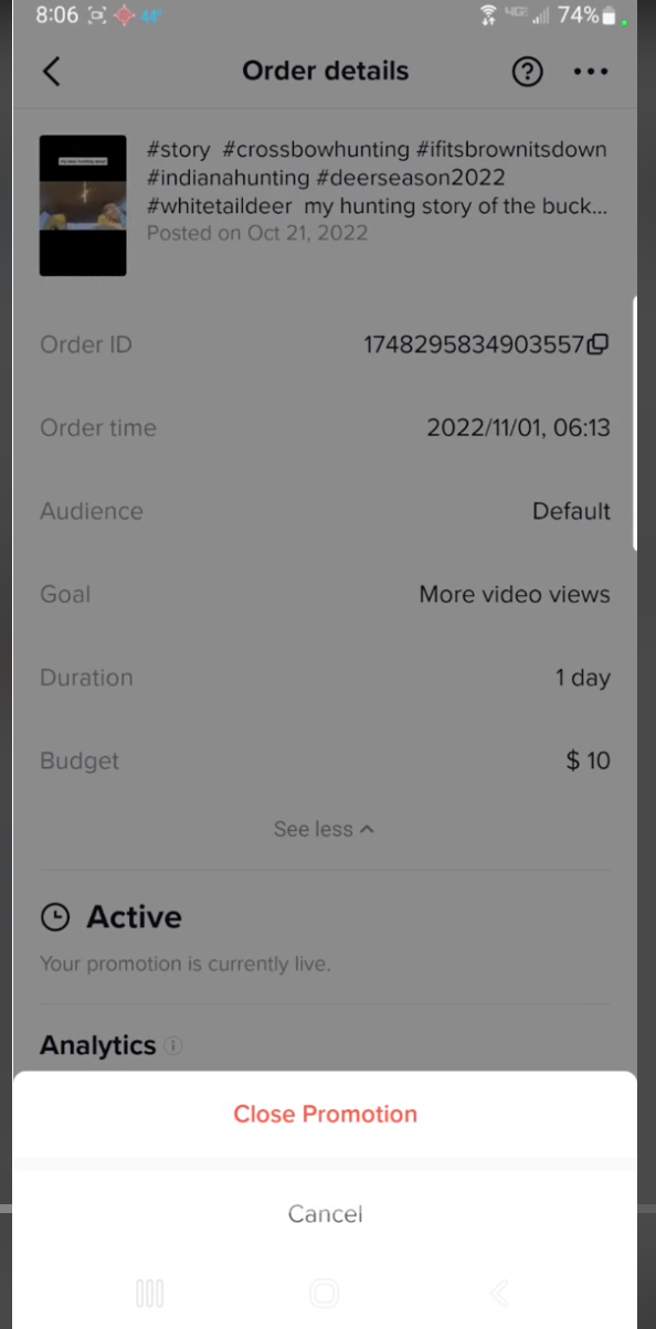A tela Fechar promoção em um TikTok promovido