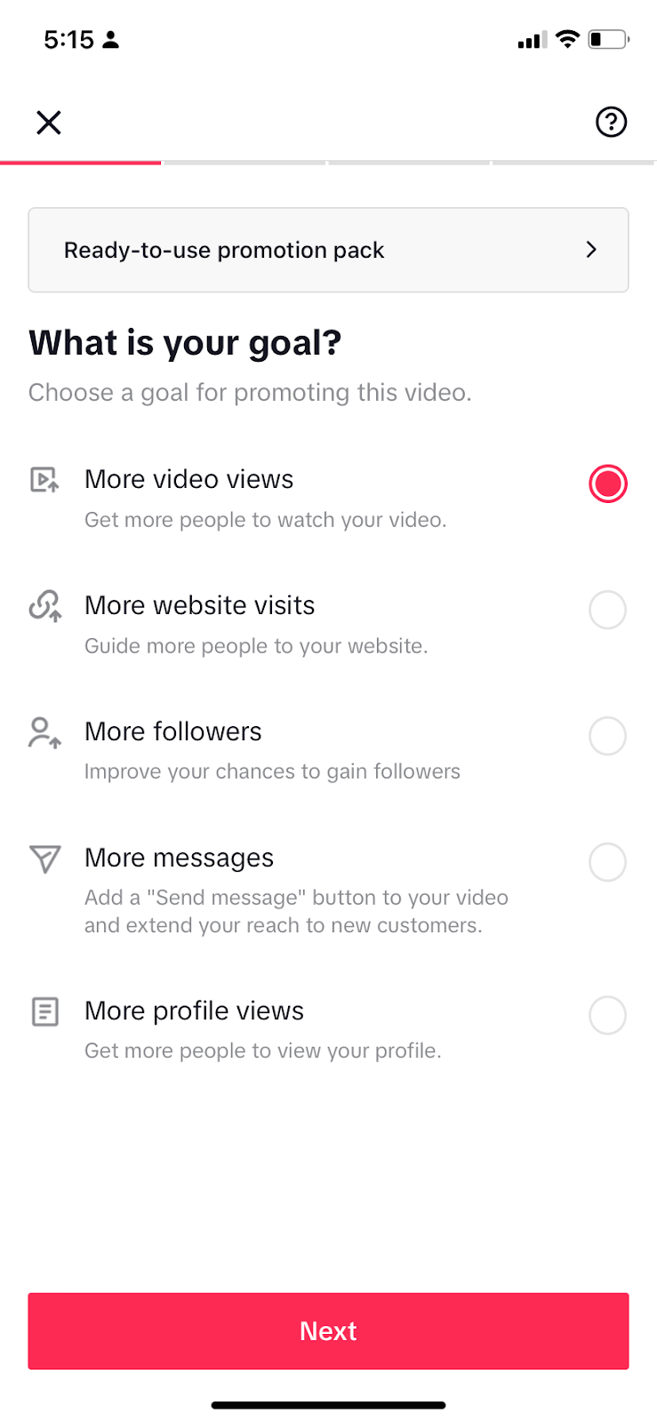 A tela ‘Qual é o seu objetivo’ do fluxo de configuração da campanha do TikTok Promote