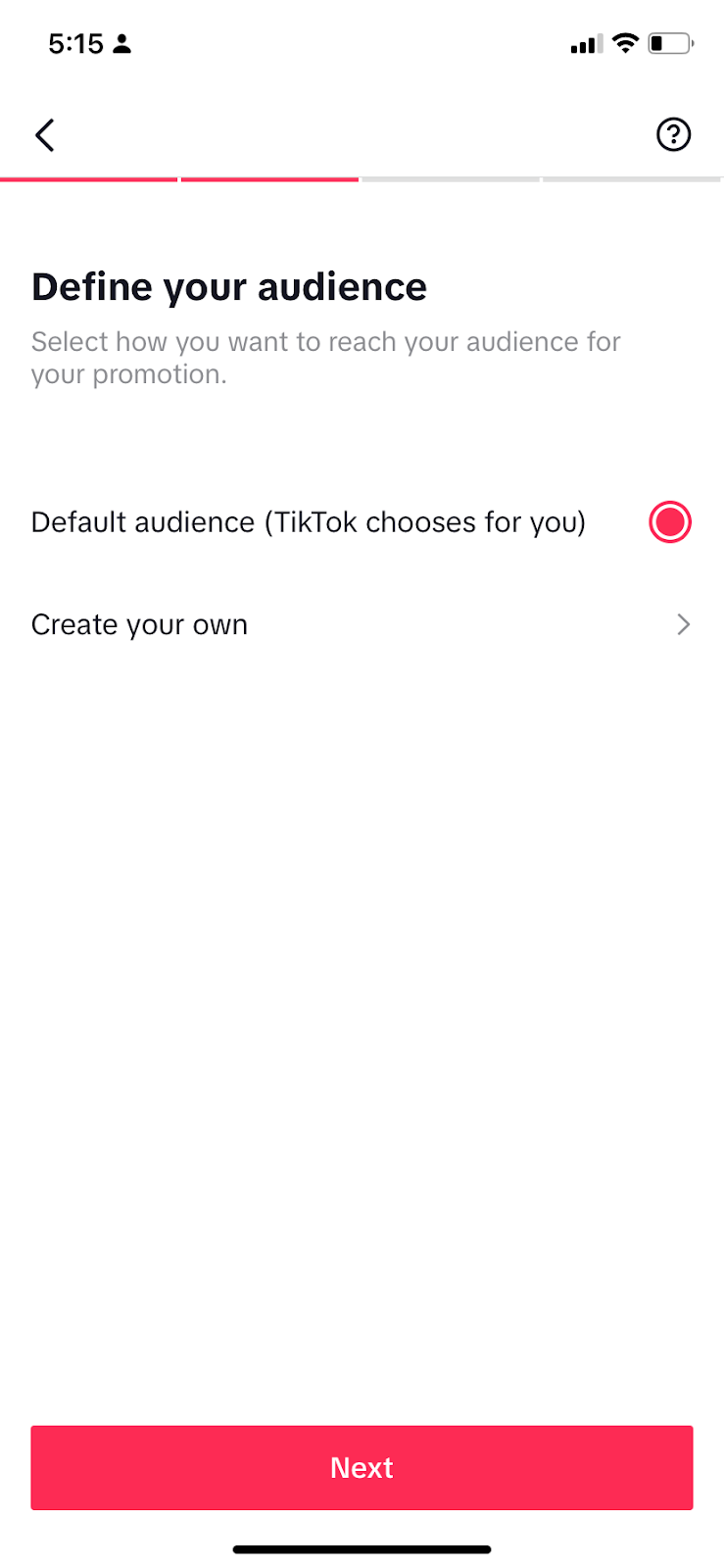 Ecranul Definiți-vă publicul în TikTok Promote