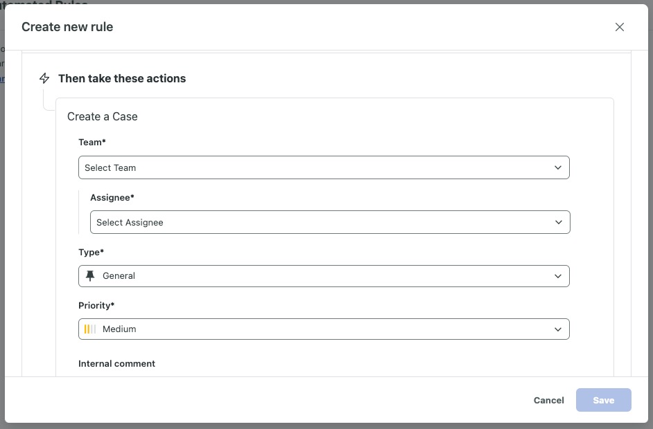 El cuadro de diálogo "Crear nueva regla" en la plataforma Sprout Social. La herramienta utiliza la lógica si/entonces para determinar cómo se deben enrutar los casos y a qué equipos.