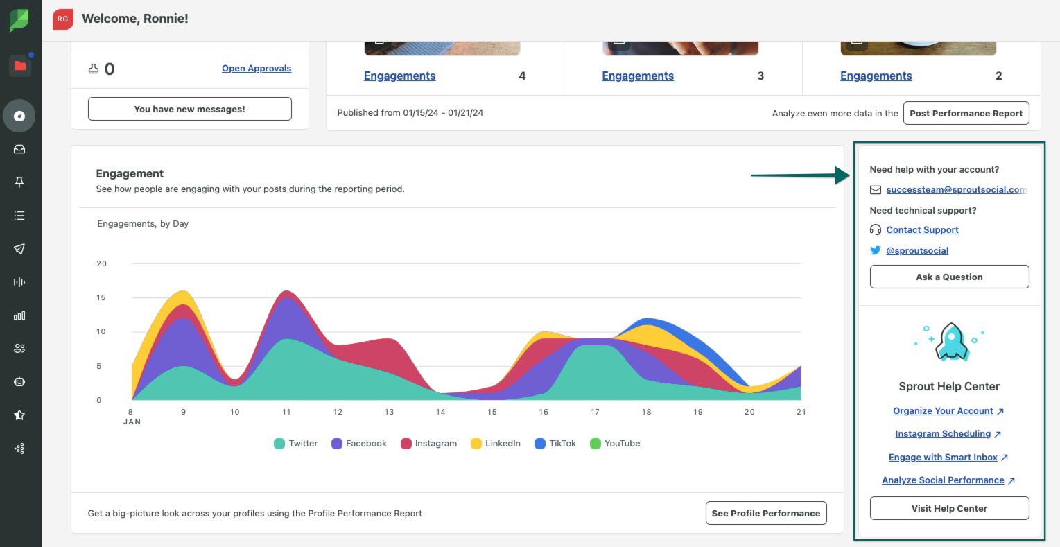 Tab Dasbor aplikasi web Sprout Social. Kotak info "Butuh bantuan dengan akun Anda" yang disorot, ditandai dengan panah, menyediakan berbagai cara untuk menghubungi tim dukungan Sprout.