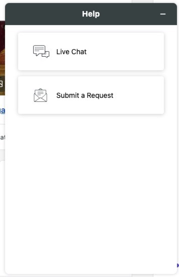 La funzionalità di supporto chat in Sprout Social. La finestra della chat presenta due richieste iniziali: "Live Chat" e "Invia una richiesta".