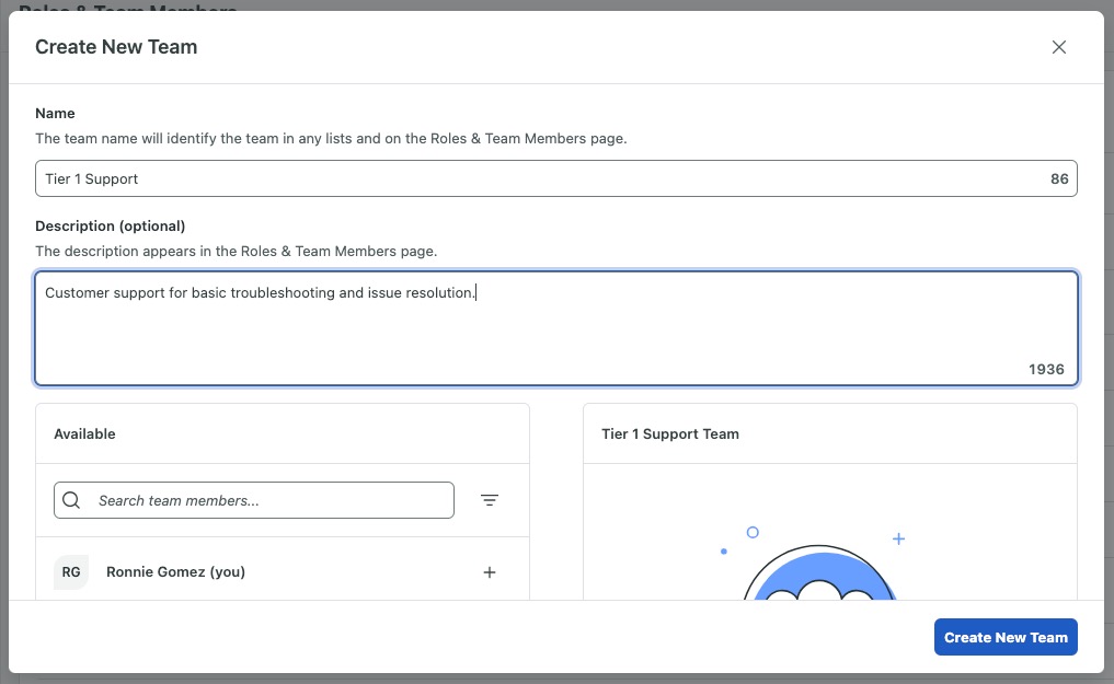 Sprout Social プラットフォームの [設定] タブにある [新しいチームの作成] ダイアログ ボックス。 [名前] フィールドには、「Tier 1 Support」というテキストが含まれています。