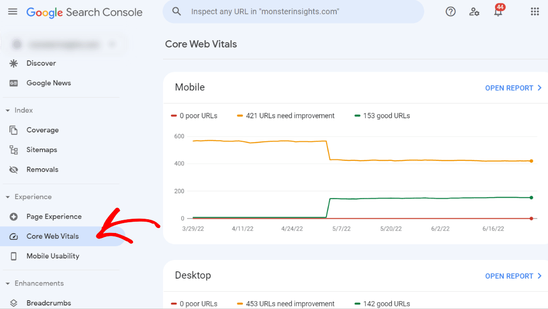 Search Console 中的核心 Web Vitals 報告