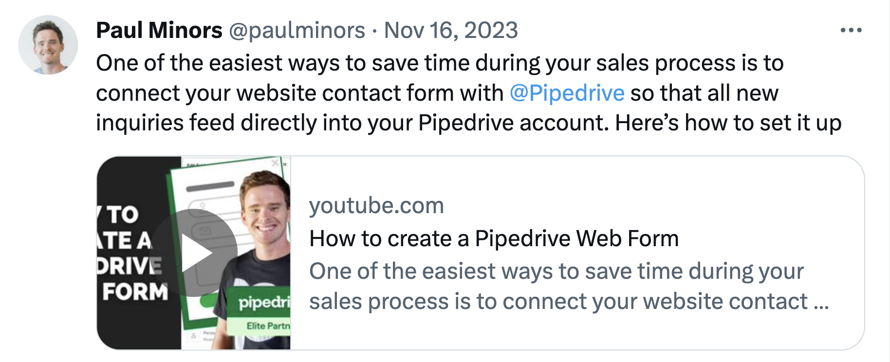 Pipedrive のインフルエンサーの 1 人によるコンテンツを宣伝する Pipedrive からの再投稿。