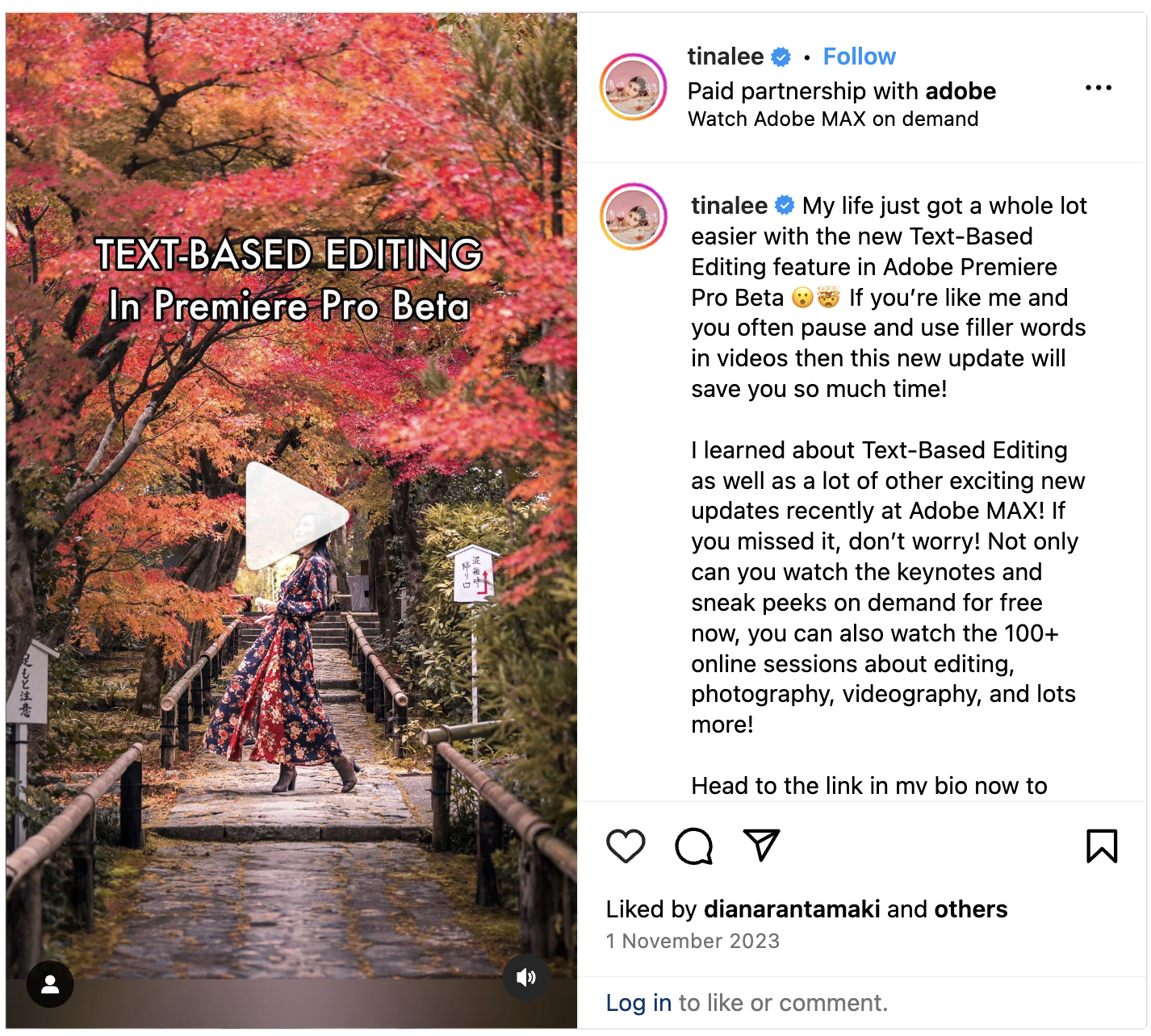 Adobe をフィーチャーした Tina Lee の Instagram リール。