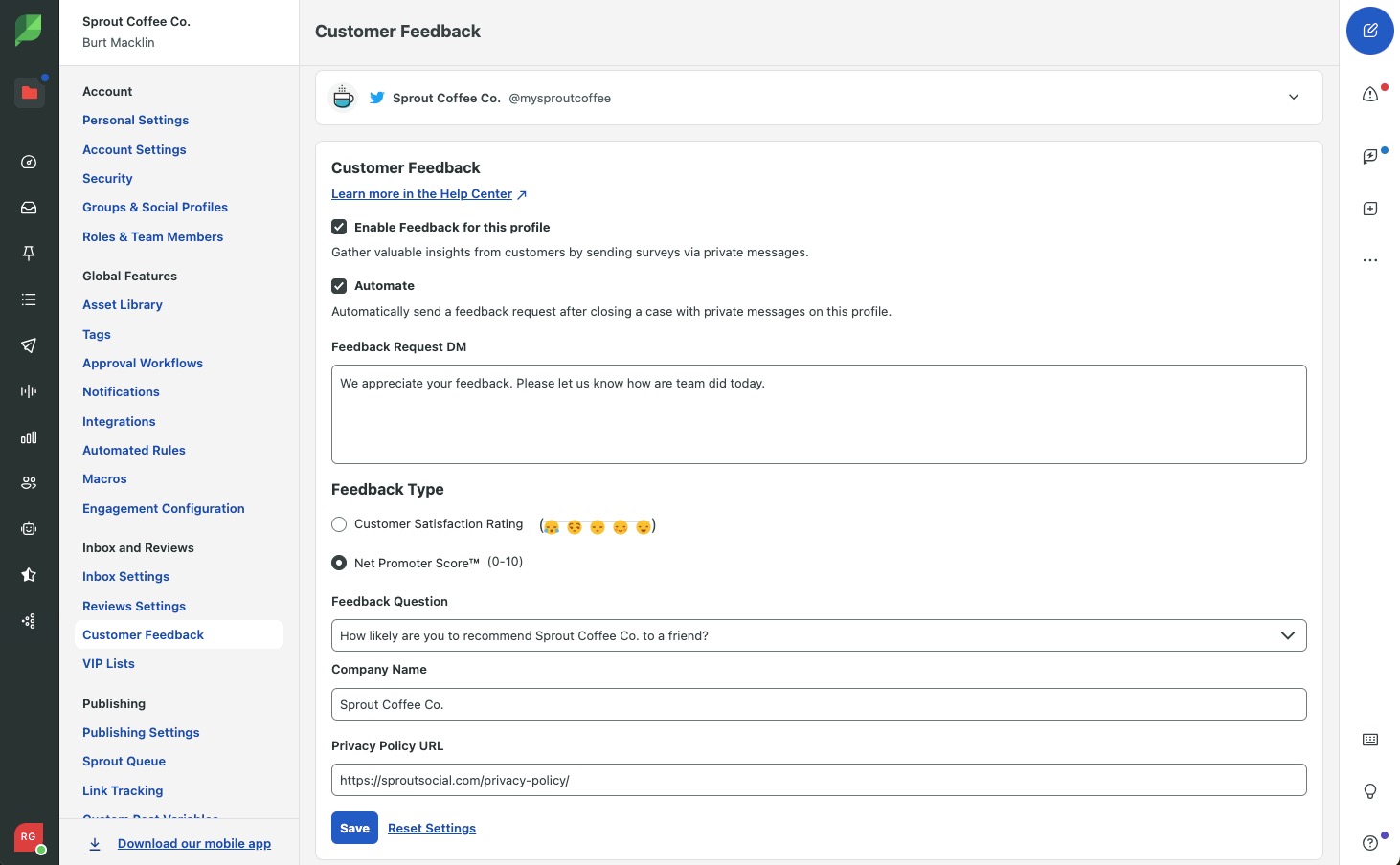 Le impostazioni di configurazione del feedback dei clienti in Sprout Social. Gli utenti possono scegliere di automatizzare la raccolta dei dati Net Promoter Score utilizzando gli strumenti di feedback dei clienti di Sprout.