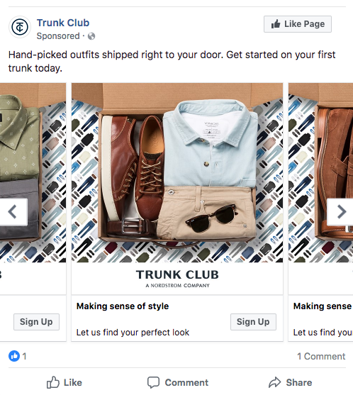 Esempio di un annuncio illustrato carosello di Facebook di Trunk Club.