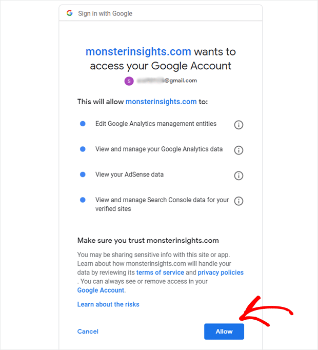 MonsterInsights に Google Analytics データへのアクセスを許可する