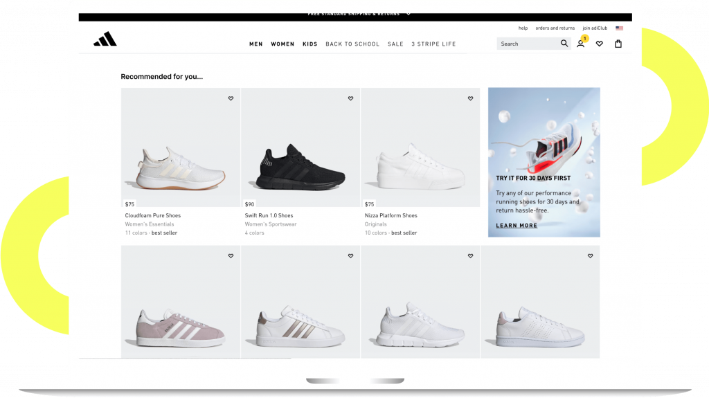 Exemplo de como a Adidas usa o Smart Recommender e o Category Optimizer com tecnologia de IA